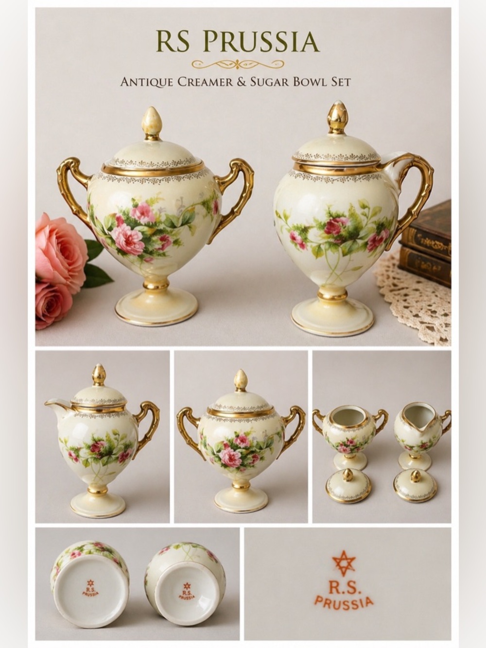Antique RS Prussia Red Mark Cherub Roses Footed Creamer & Sugar Bowl Set EUC